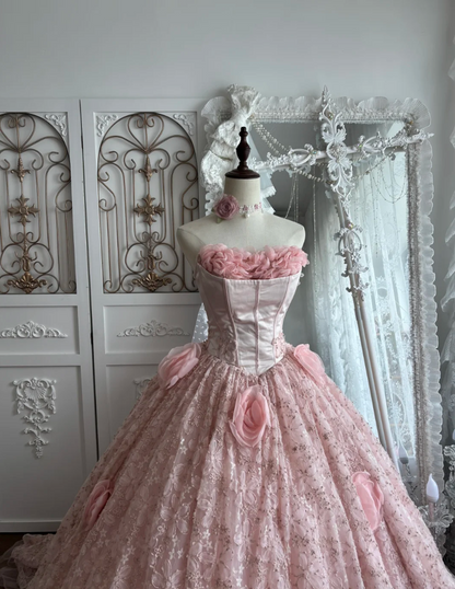 Charming Strapless Pink Prom Dress 3D Flowers A-Line Evening Dress GG7414
