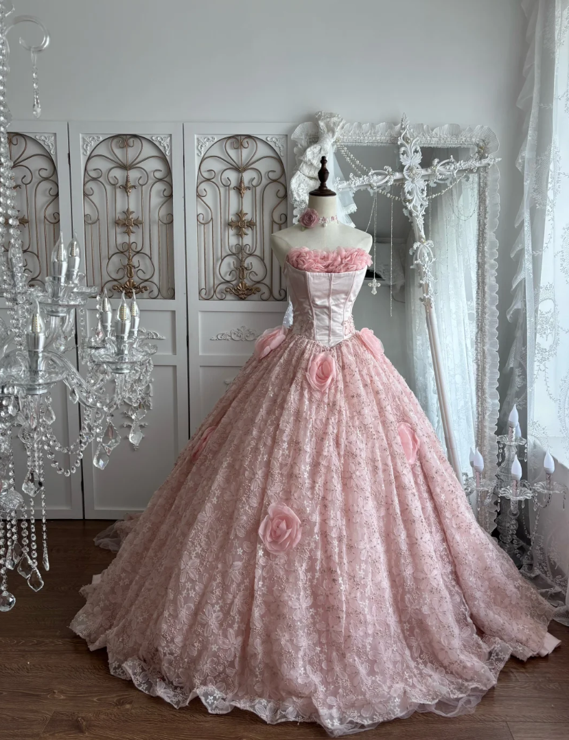 Charming Strapless Pink Prom Dress 3D Flowers A-Line Evening Dress GG7414