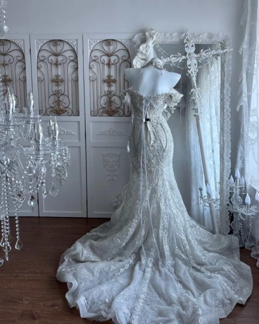 Glittering Off-Shoulder Wedding Dress Beading Mermaid Bridal Dress GG7415