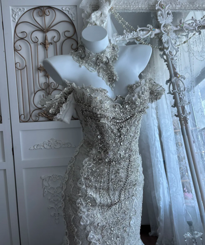 Glittering Off-Shoulder Wedding Dress Beading Mermaid Bridal Dress GG7415