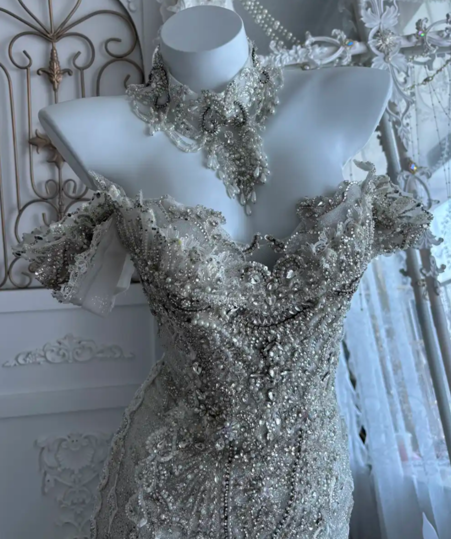 Glittering Off-Shoulder Wedding Dress Beading Mermaid Bridal Dress GG7415