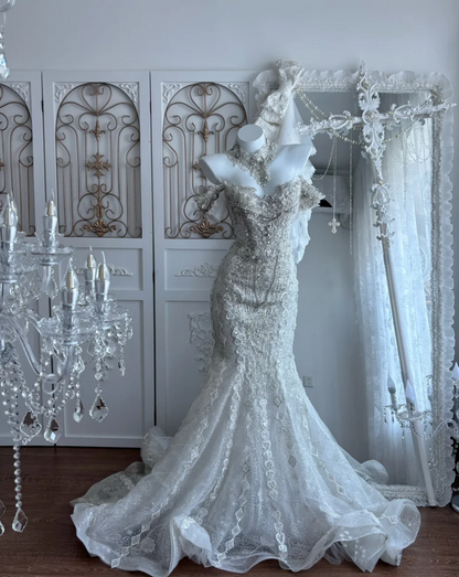 Glittering Off-Shoulder Wedding Dress Beading Mermaid Bridal Dress GG7415