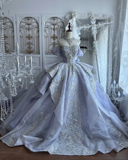Gorgeous Off-Shoulder Purple Prom Dress Lace Beading A-Line Evening Dress GG7416