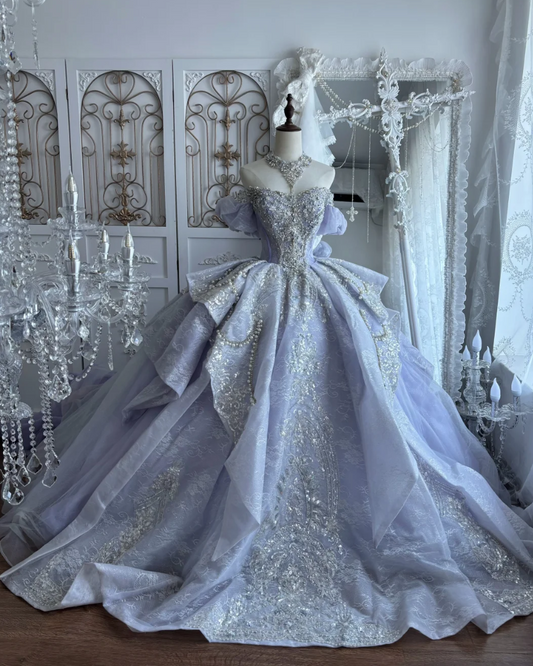 Gorgeous Off-Shoulder Purple Prom Dress Lace Beading A-Line Evening Dress GG7416