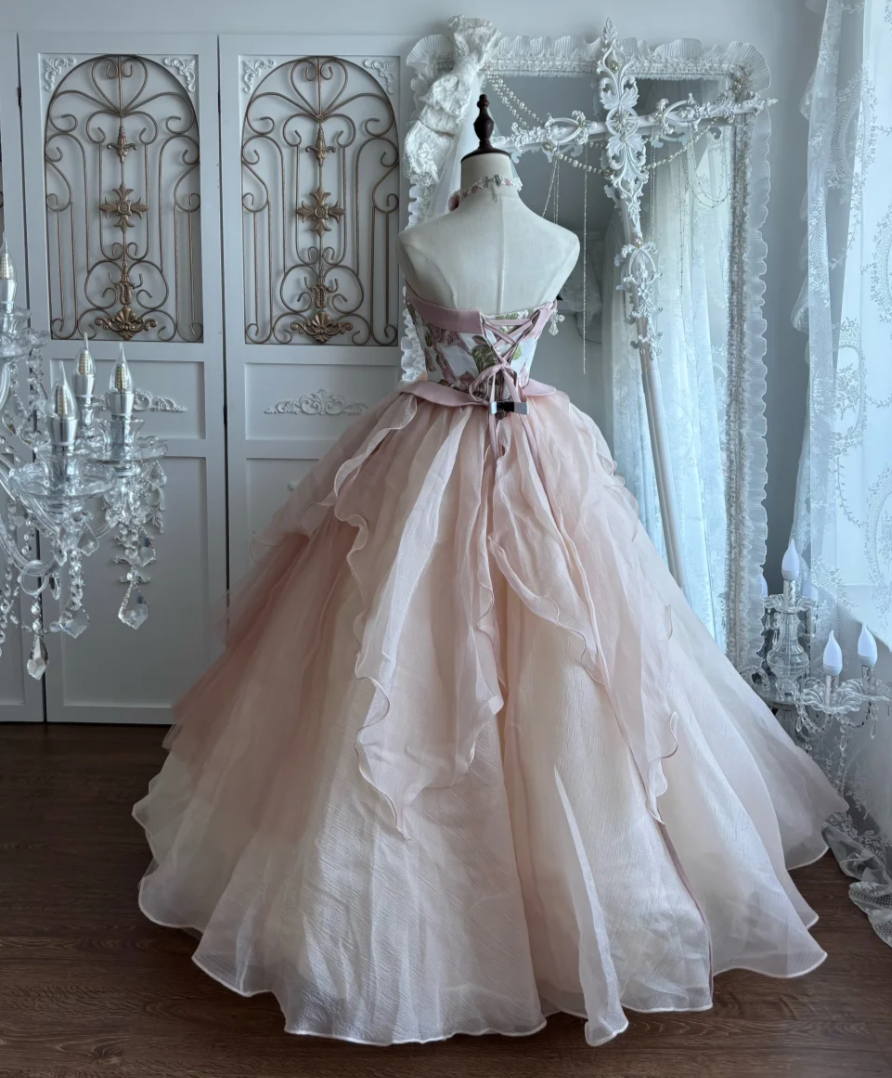 Retro Strapless Pink Prom Dress Floral A-Line Evening Dress GG7417