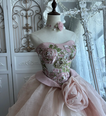 Retro Strapless Pink Prom Dress Floral A-Line Evening Dress GG7417