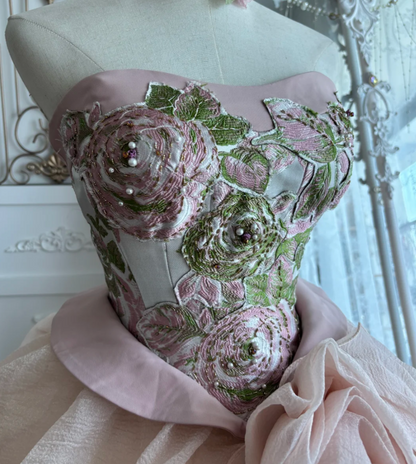 Retro Strapless Pink Prom Dress Floral A-Line Evening Dress GG7417