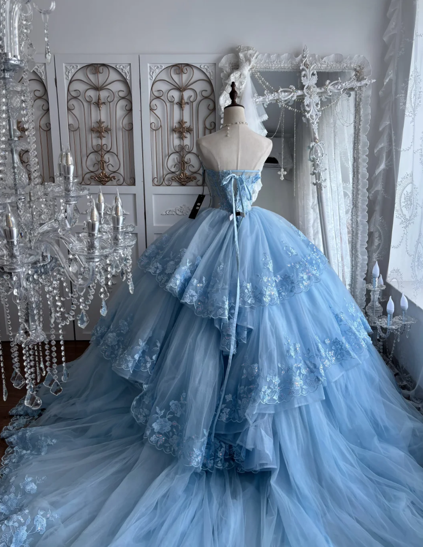 Alluring Strapless Blue Prom Dress Appliques Tulle Tiered A-Line Evening Dress GG7419