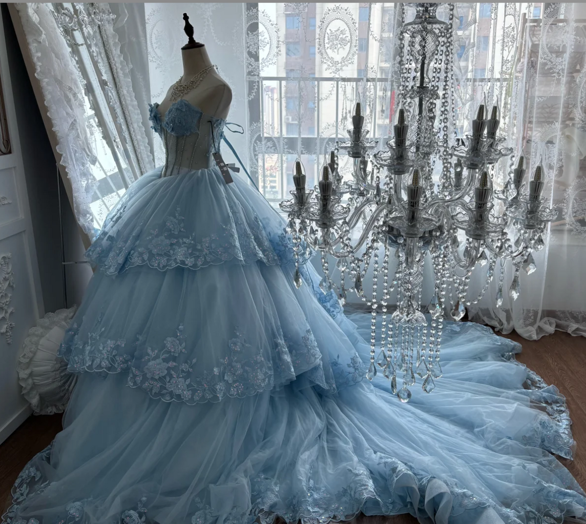 Alluring Strapless Blue Prom Dress Appliques Tulle Tiered A-Line Evening Dress GG7419