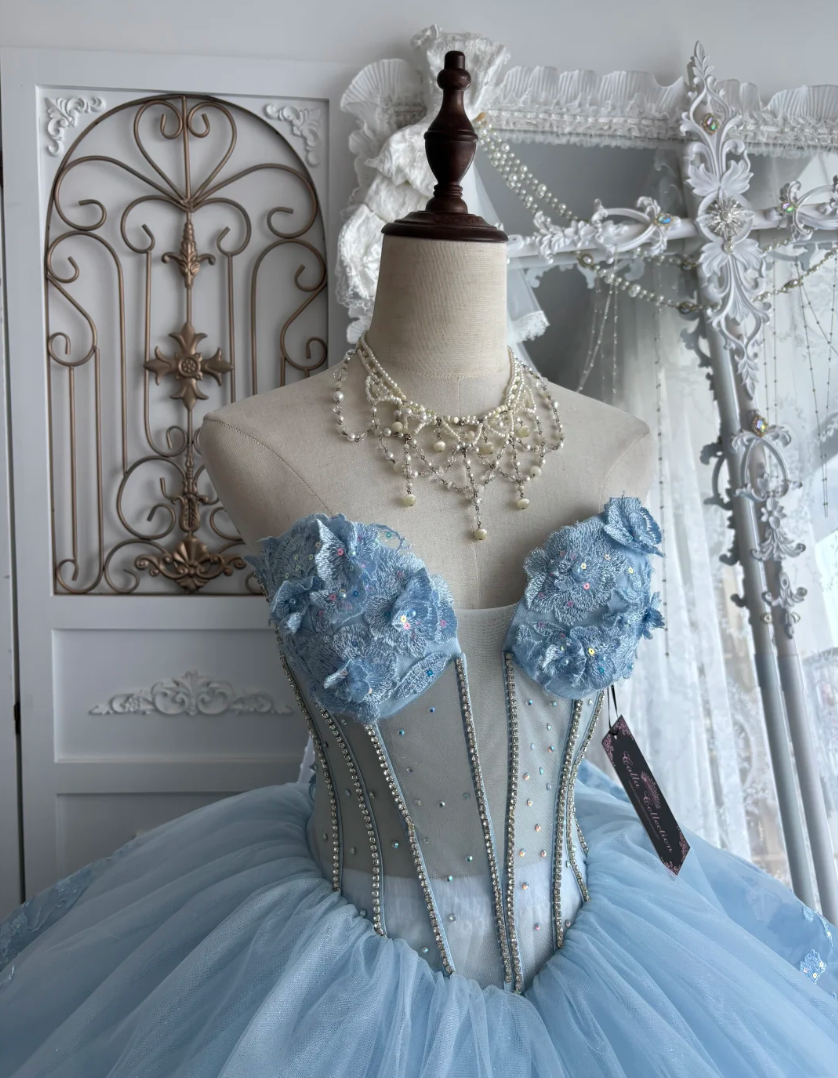 Alluring Strapless Blue Prom Dress Appliques Tulle Tiered A-Line Evening Dress GG7419