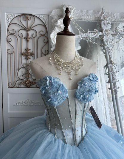 Alluring Strapless Blue Prom Dress Appliques Tulle Tiered A-Line Evening Dress GG7419