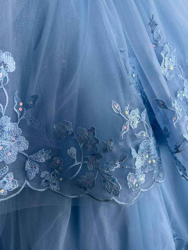 Alluring Strapless Blue Prom Dress Appliques Tulle Tiered A-Line Evening Dress GG7419