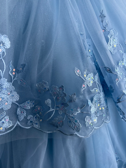 Alluring Strapless Blue Prom Dress Appliques Tulle Tiered A-Line Evening Dress GG7419