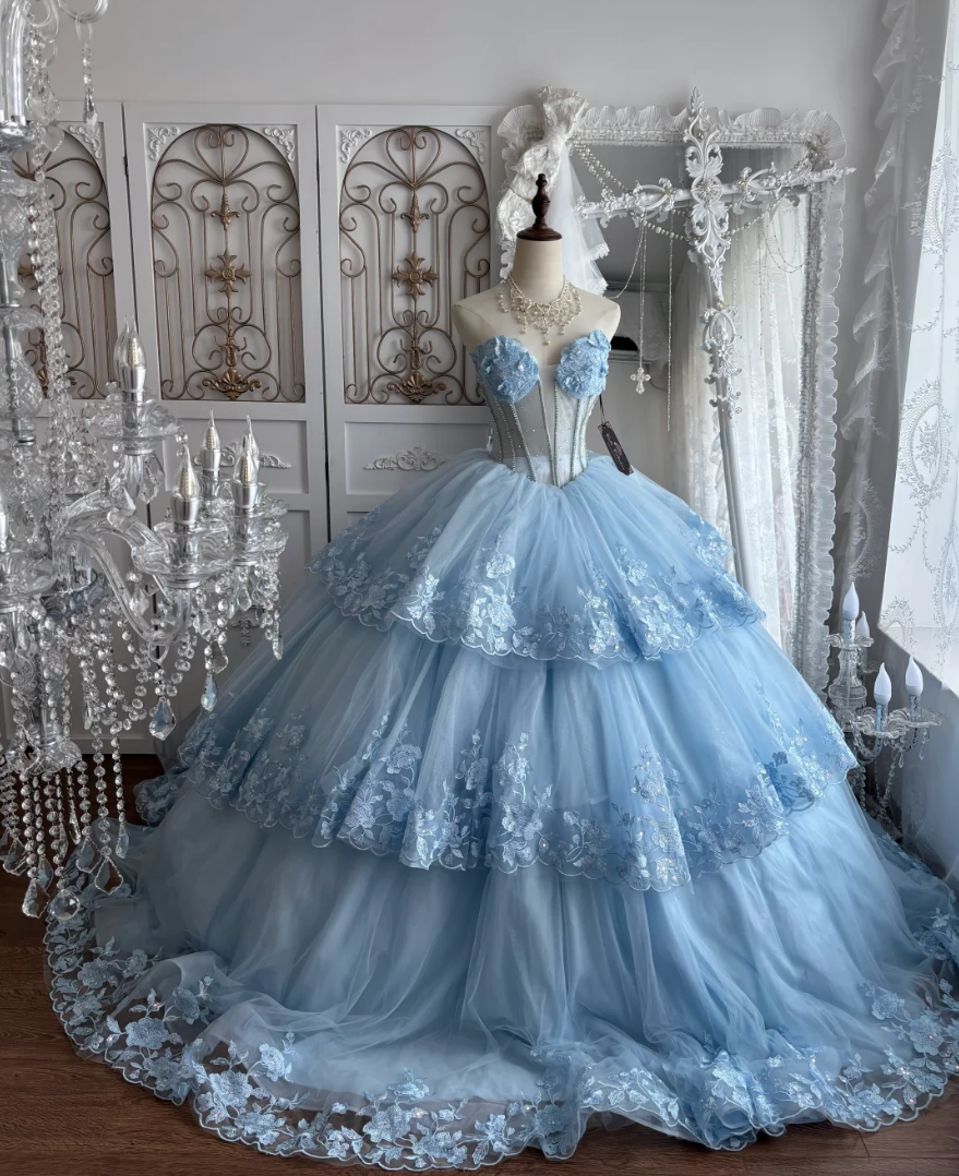 Alluring Strapless Blue Prom Dress Appliques Tulle Tiered A-Line Evening Dress GG7419