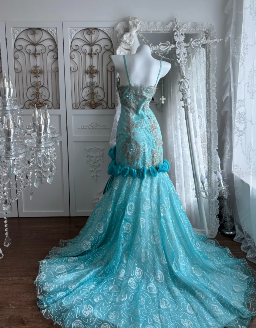 Classical Spaghetti Straps Green Prom Dress Appliques Sequins Mermaid Evening Dress GG7420