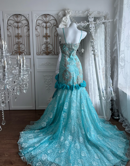 Classical Spaghetti Straps Green Prom Dress Appliques Sequins Mermaid Evening Dress GG7420