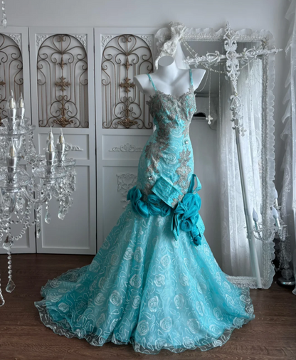 Classical Spaghetti Straps Green Prom Dress Appliques Sequins Mermaid Evening Dress GG7420