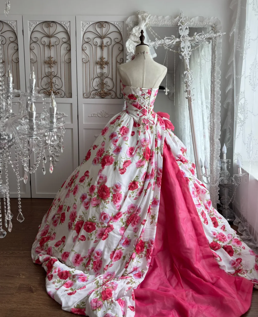 Graceful Strapless Pink Prom Dress Floral A-Line Evening Dress GG7422