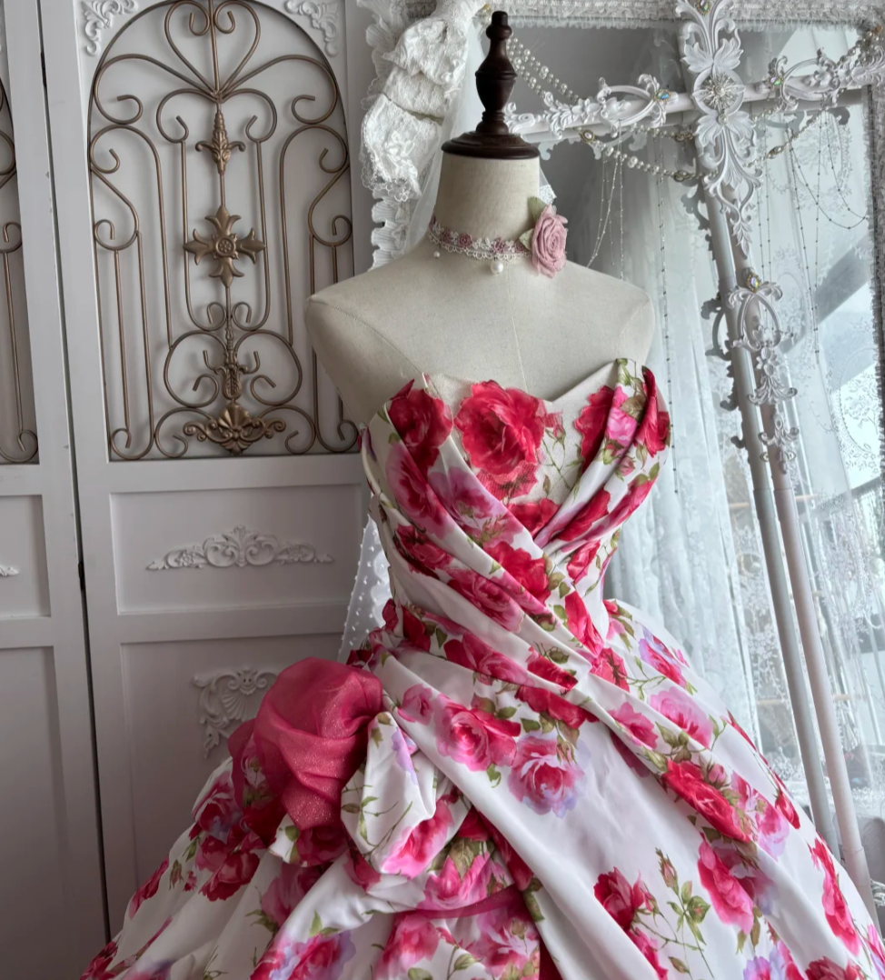 Graceful Strapless Pink Prom Dress Floral A-Line Evening Dress GG7422