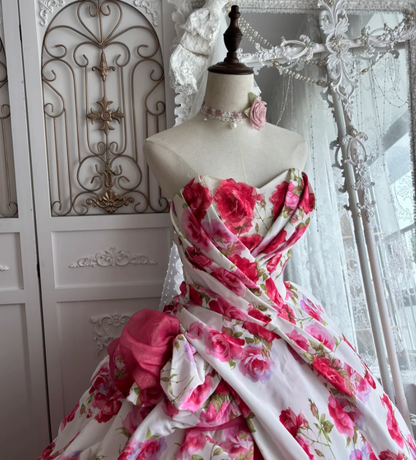 Graceful Strapless Pink Prom Dress Floral A-Line Evening Dress GG7422