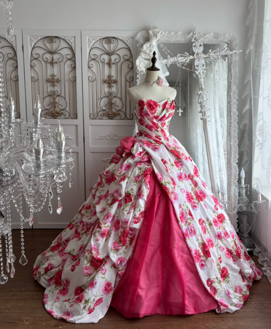 Graceful Strapless Pink Prom Dress Floral A-Line Evening Dress GG7422