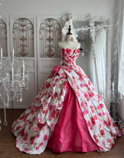 Graceful Strapless Pink Prom Dress Floral A-Line Evening Dress GG7422