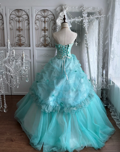 Vintage Strapless Green Prom Dress Handmade Flowers Tulle A-Line Evening Dress GG7423
