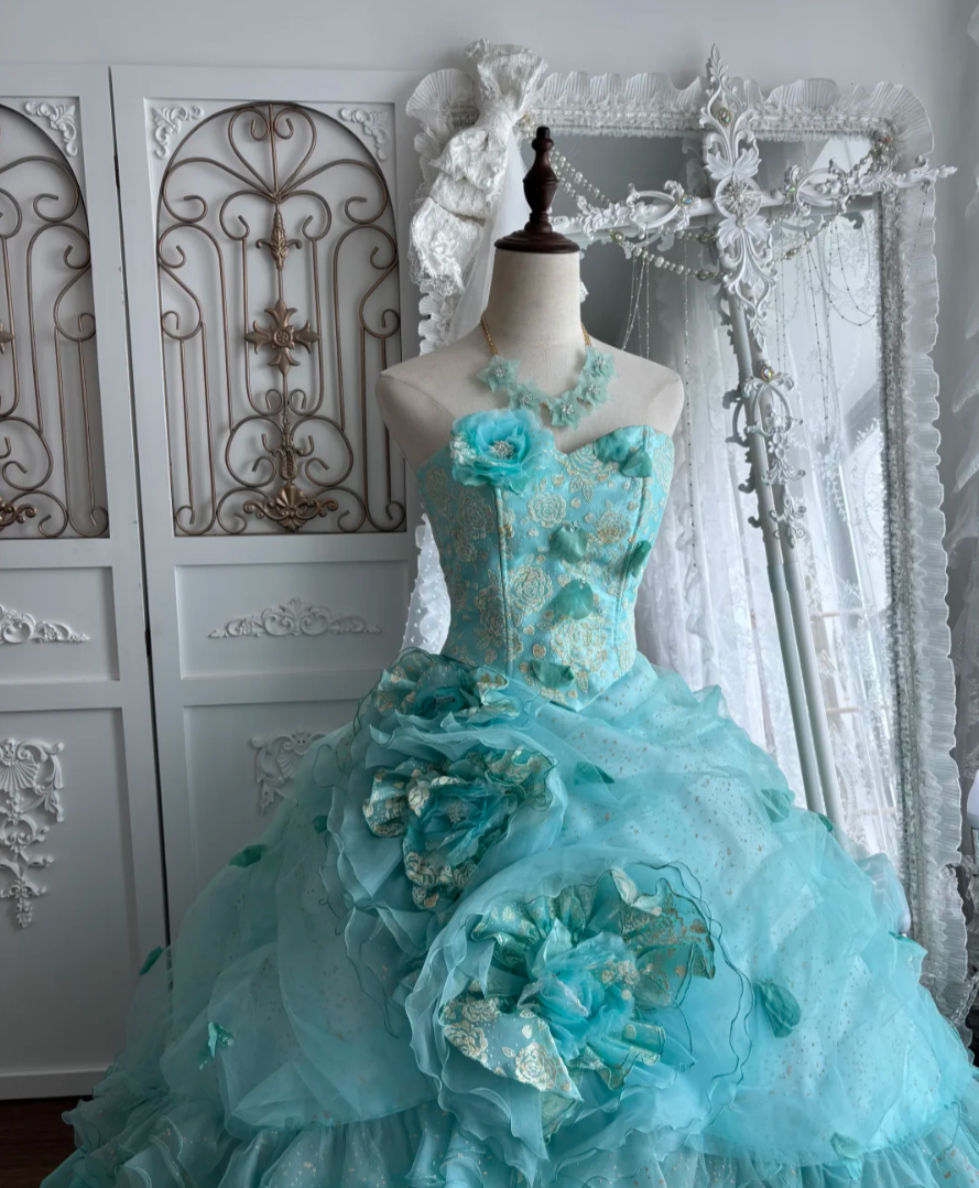 Vintage Strapless Green Prom Dress Handmade Flowers Tulle A-Line Evening Dress GG7423