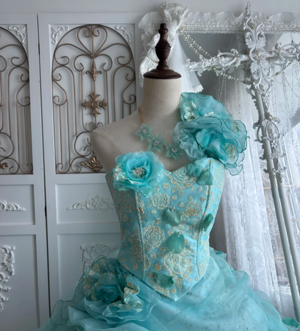 Vintage Strapless Green Prom Dress Handmade Flowers Tulle A-Line Evening Dress GG7423