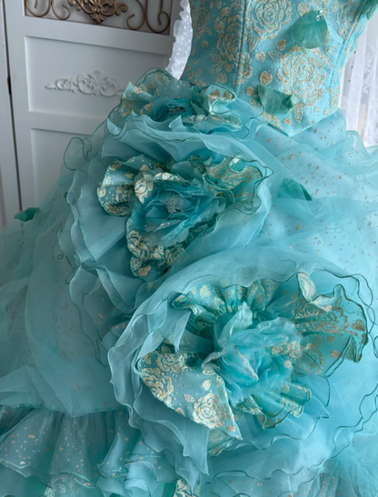 Vintage Strapless Green Prom Dress Handmade Flowers Tulle A-Line Evening Dress GG7423