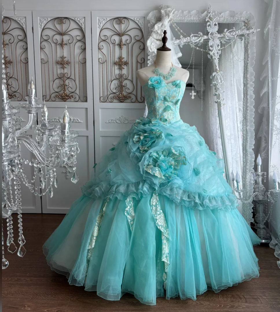 Vintage Strapless Green Prom Dress Handmade Flowers Tulle A-Line Evening Dress GG7423