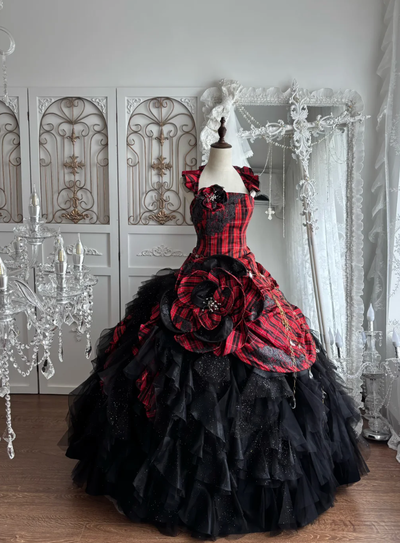 Enchanting Strapless Red & Black Prom Dress Handmade Flower Plaid A-Line Evening Dress GG7424