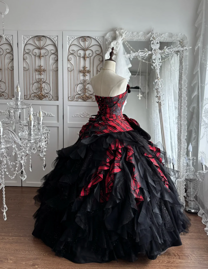 Enchanting Strapless Red & Black Prom Dress Handmade Flower Plaid A-Line Evening Dress GG7424