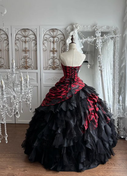 Enchanting Strapless Red & Black Prom Dress Handmade Flower Plaid A-Line Evening Dress GG7424