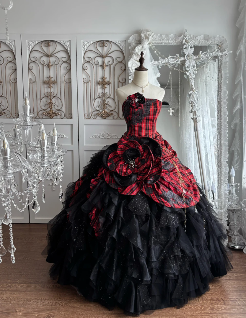 Enchanting Strapless Red & Black Prom Dress Handmade Flower Plaid A-Line Evening Dress GG7424