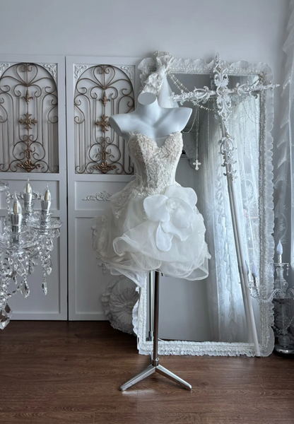 Chic Strapless White Homecoming Dress Beads Ruffles A-Line Birthday Dress GG7425