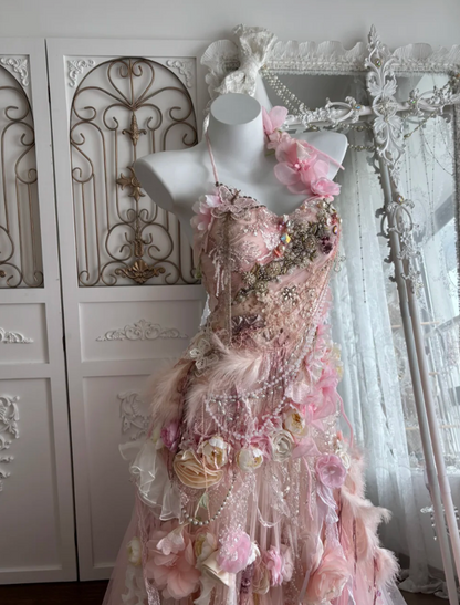 Dreamy Halter Neck Pink Prom Dress Appliques Backless Beaded Mermaid Evening Dress GG7426