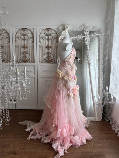 Dreamy Halter Neck Pink Prom Dress Appliques Backless Beaded Mermaid Evening Dress GG7426