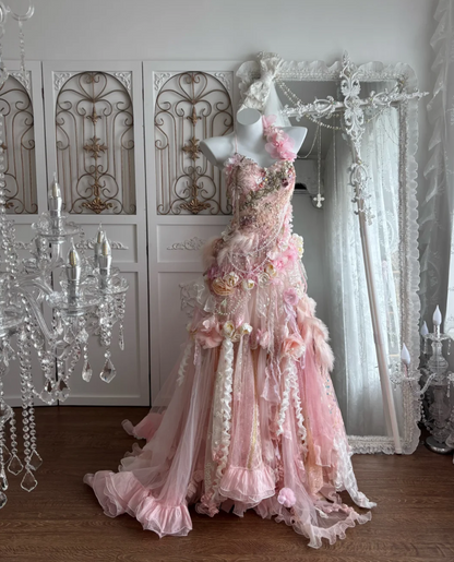 Dreamy Halter Neck Pink Prom Dress Appliques Backless Beaded Mermaid Evening Dress GG7426