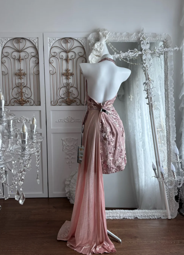 Vintage Halter Neck Pink Homecoming Dress Sequins Backless Sheath Birthday Dress GG7427