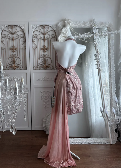 Vintage Halter Neck Pink Homecoming Dress Sequins Backless Sheath Birthday Dress GG7427