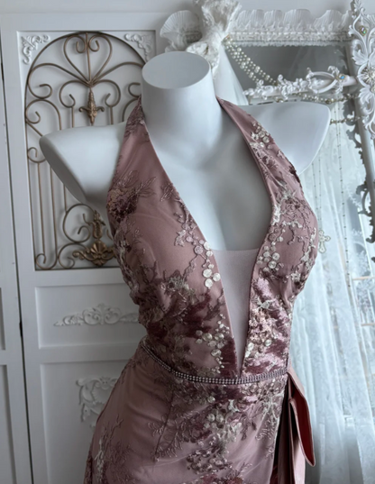 Vintage Halter Neck Pink Homecoming Dress Sequins Backless Sheath Birthday Dress GG7427