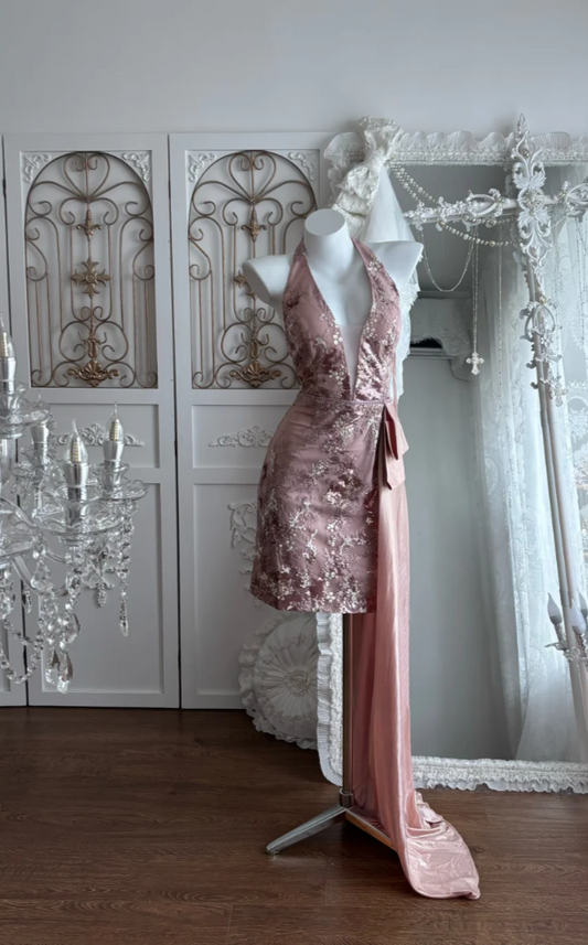 Vintage Halter Neck Pink Homecoming Dress Sequins Backless Sheath Birthday Dress GG7427