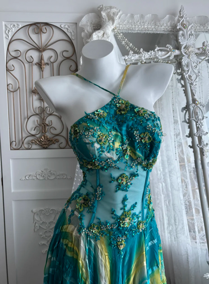 Retro Halter Neck Green Prom Dress Sequins A-Line Evening Dress GG7428