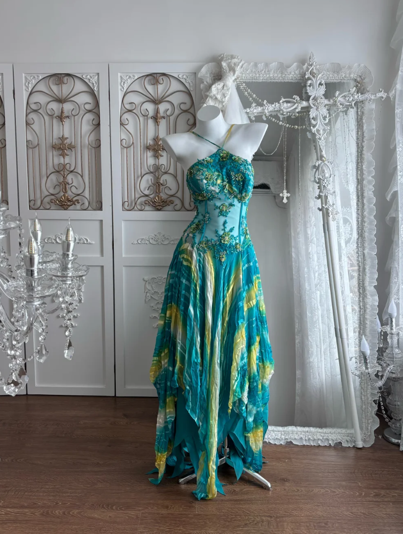 Retro Halter Neck Green Prom Dress Sequins A-Line Evening Dress GG7428
