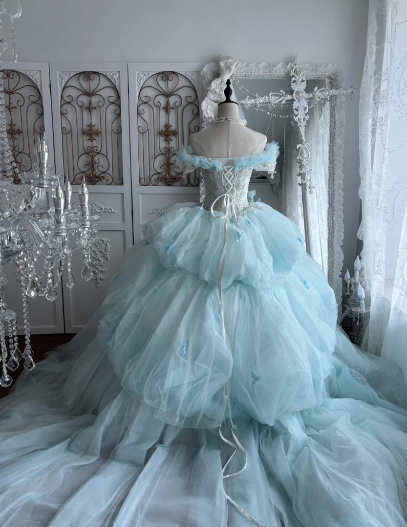 Ethereal Off-Shoulder Blue Prom Dress Beading A-Line Evening Dress GG7431