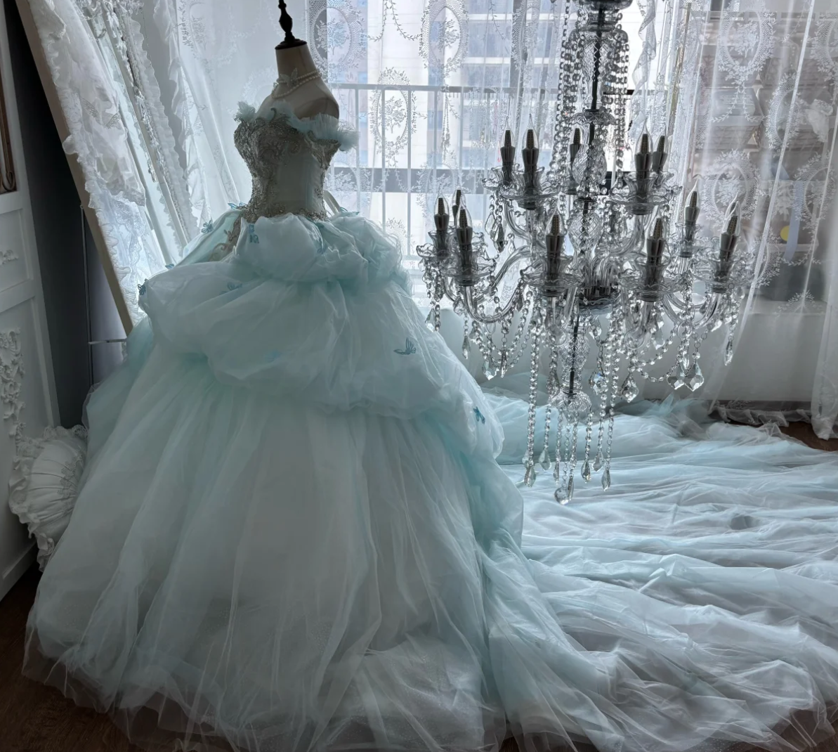 Ethereal Off-Shoulder Blue Prom Dress Beading A-Line Evening Dress GG7431