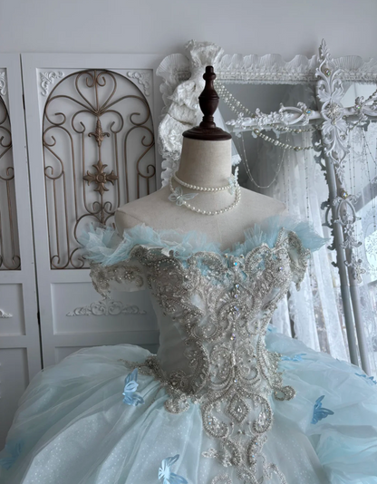 Ethereal Off-Shoulder Blue Prom Dress Beading A-Line Evening Dress GG7431