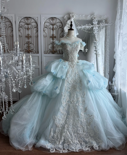 Ethereal Off-Shoulder Blue Prom Dress Beading A-Line Evening Dress GG7431