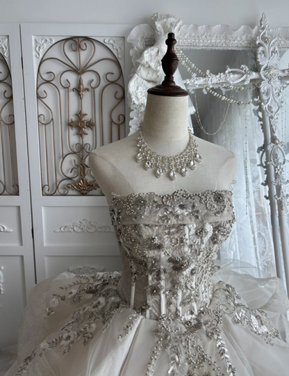 Exquisite Strapless Sequins Wedding Dress Beading Ruffles A-Line Bridal Dress GG7432